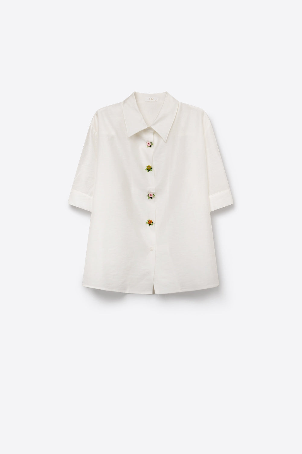 White Tencel Shirt with Jewel Flower Buttons - Shirts