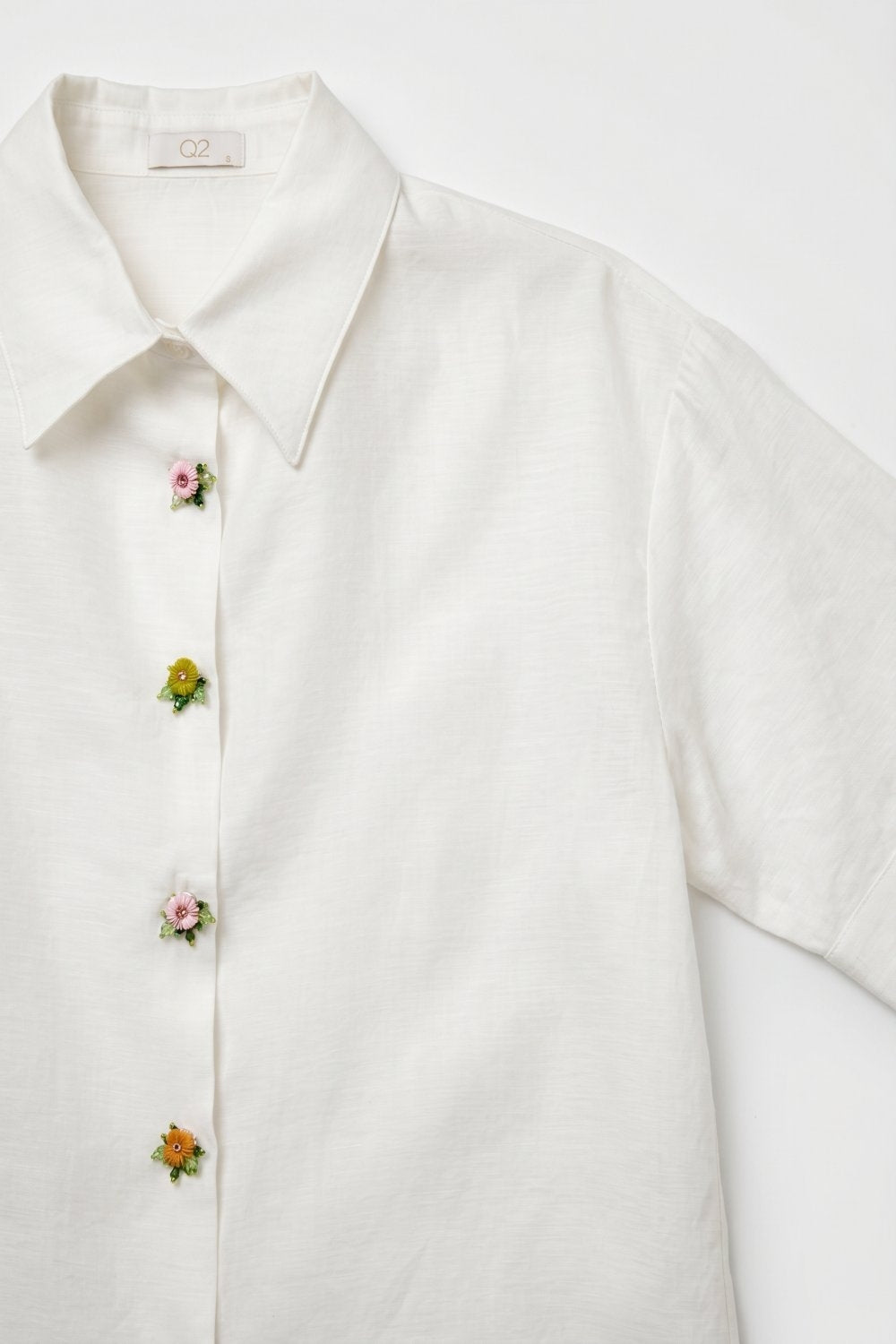 White Tencel Shirt with Jewel Flower Buttons - Shirts