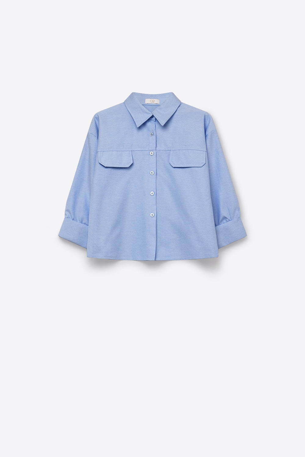 Light Blue oxford fabric Cropped Shirt with 3/4 sleeves - Shirts