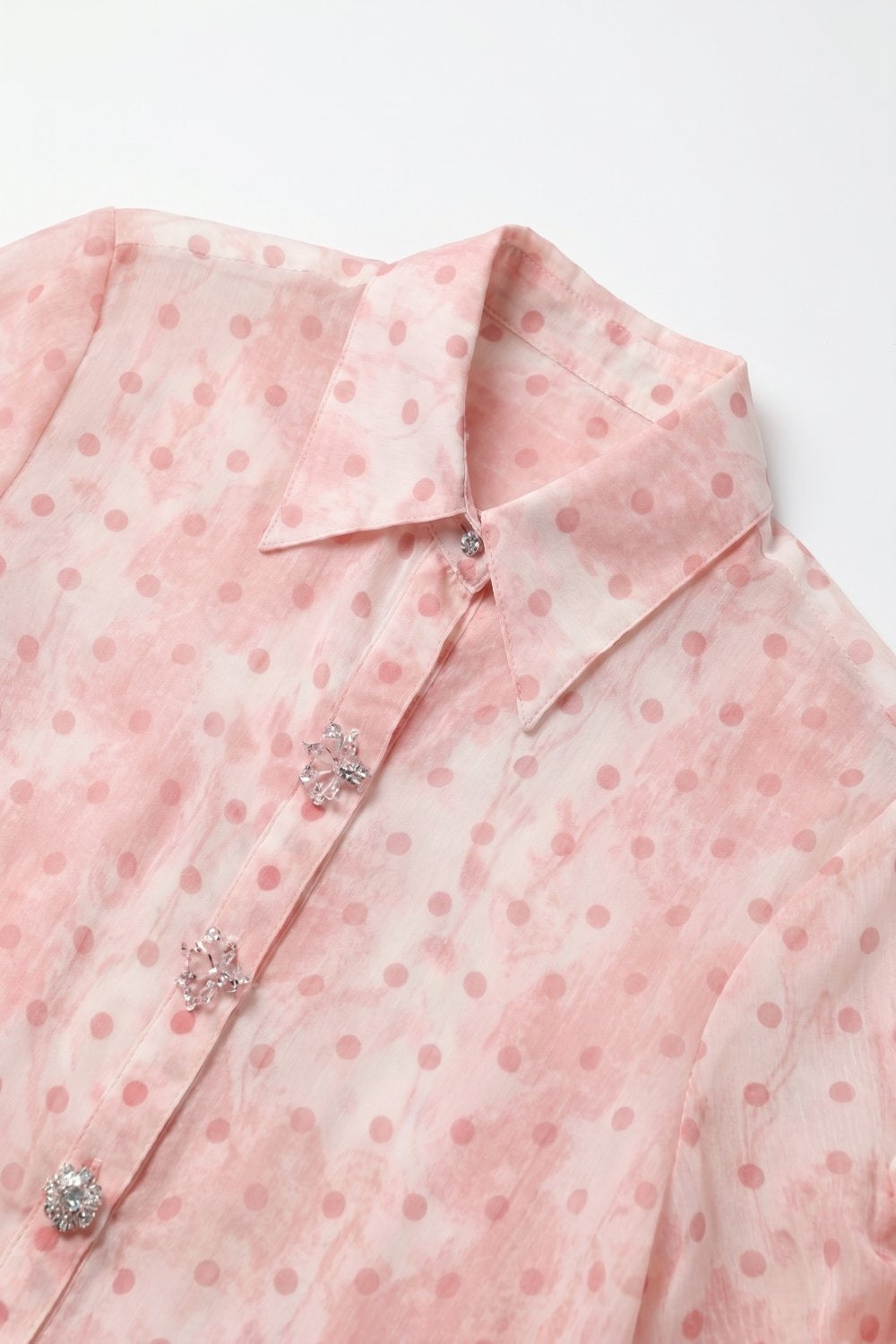 Light Pink Polka-Dot Chiffon Shirt with Crystal Buttons details - Shirts