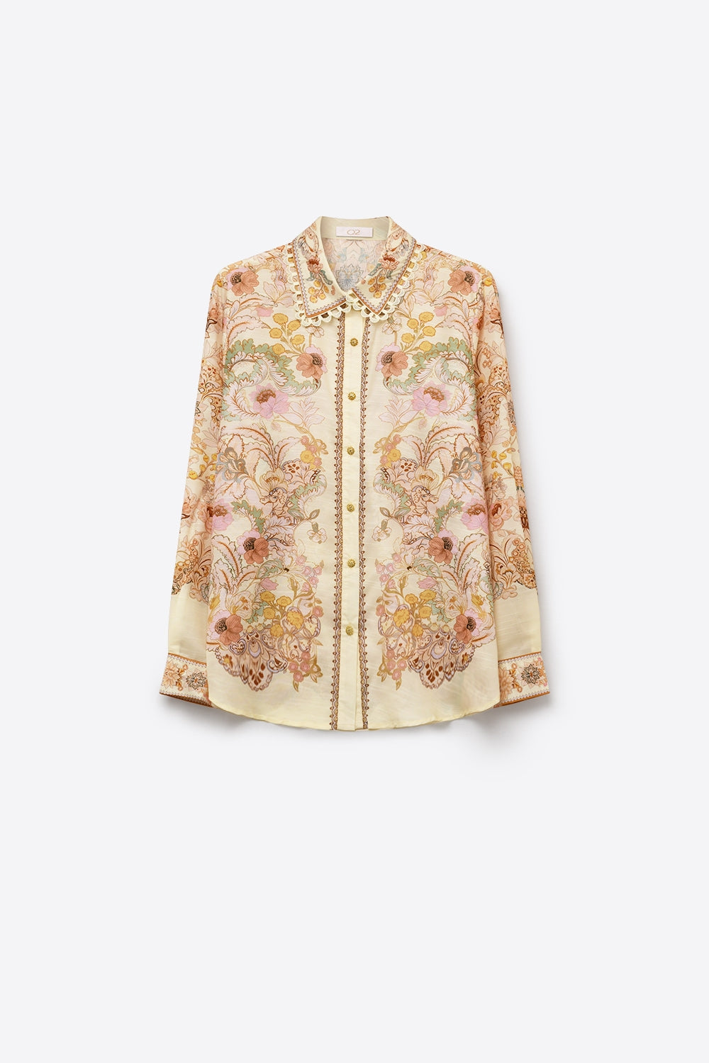 Butter yellow Floral Print shirt with Lace Trim detail - Shirts