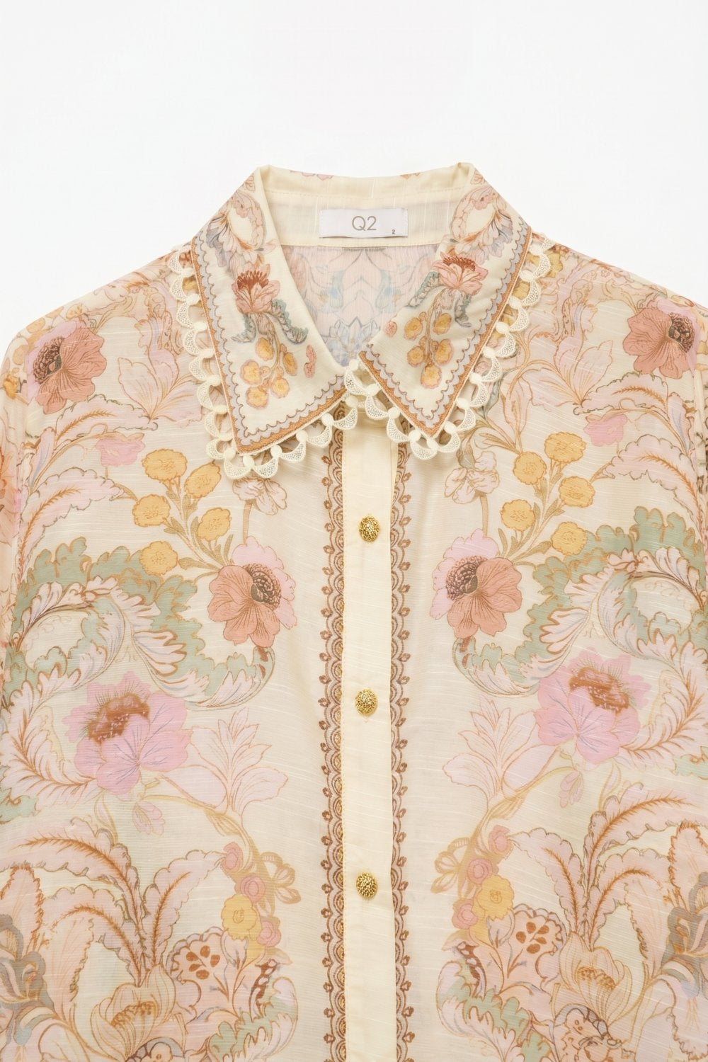 Butter yellow Floral Print shirt with Lace Trim detail - Shirts