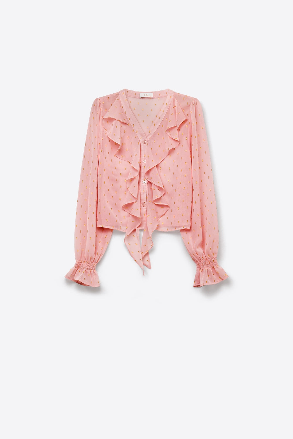 Gold Polka-Dot Chiffon Ruffle Button Blouse in Light Pink - Shirts