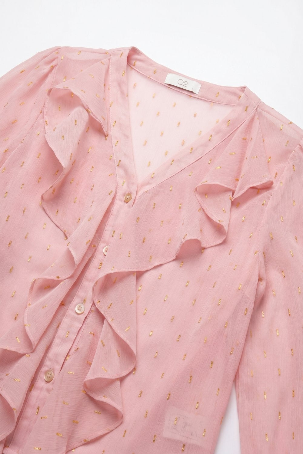 Gold Polka-Dot Chiffon Ruffle Button Blouse in Light Pink - Shirts