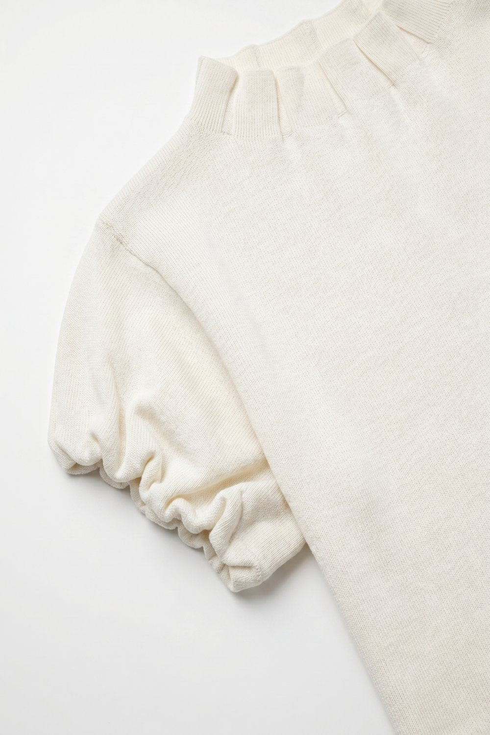 Cream Fine Knit Pleated Mock Neck Short Sleeve Sweater - jumper