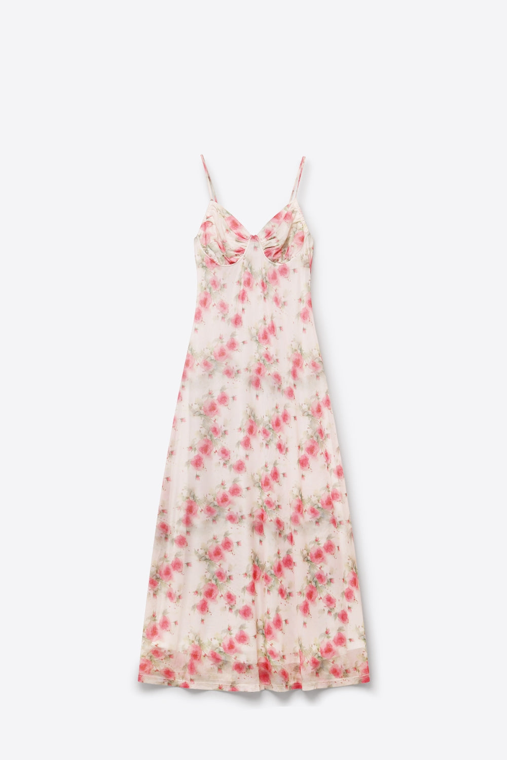 Cream Floral Print Ruched Bust Maxi Dress in mesh fabric - dress