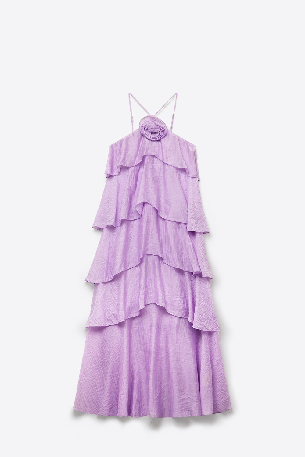 Lilac Crinkled Woven Tiered Ruffle Rose Detail maxi Dress - dress
