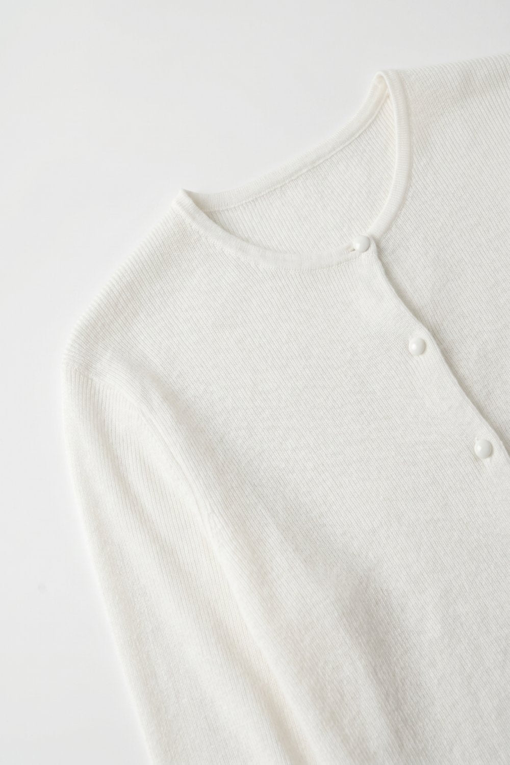 White soft Knit Crew Neck Cardigan with pearl buttons Front - Cardigans