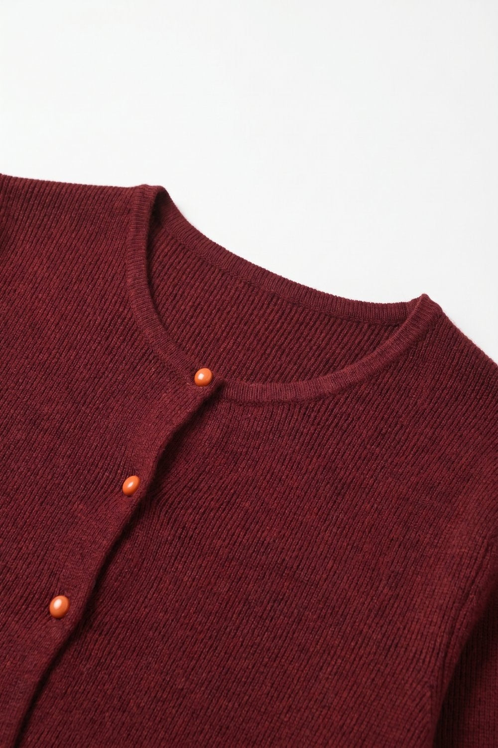 Burgundy Fine Knit Button Front Crew Neck Regular Fit Cardigan Sweater