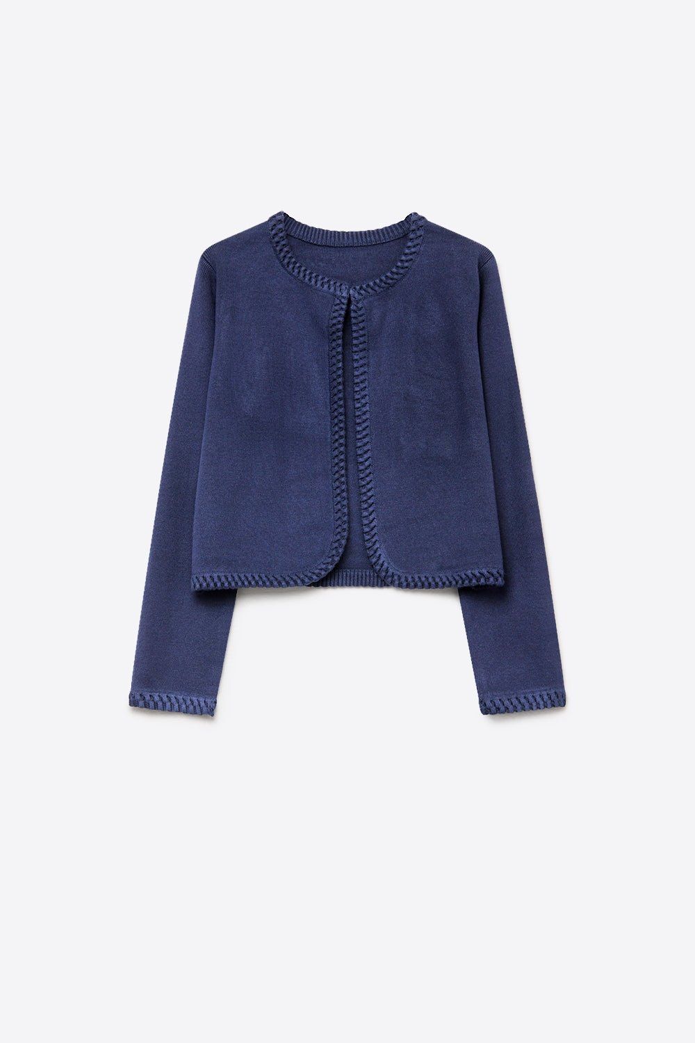 Navy Fine Knit Contrast Seam Cropped Open Front Cardigan - Cardigans