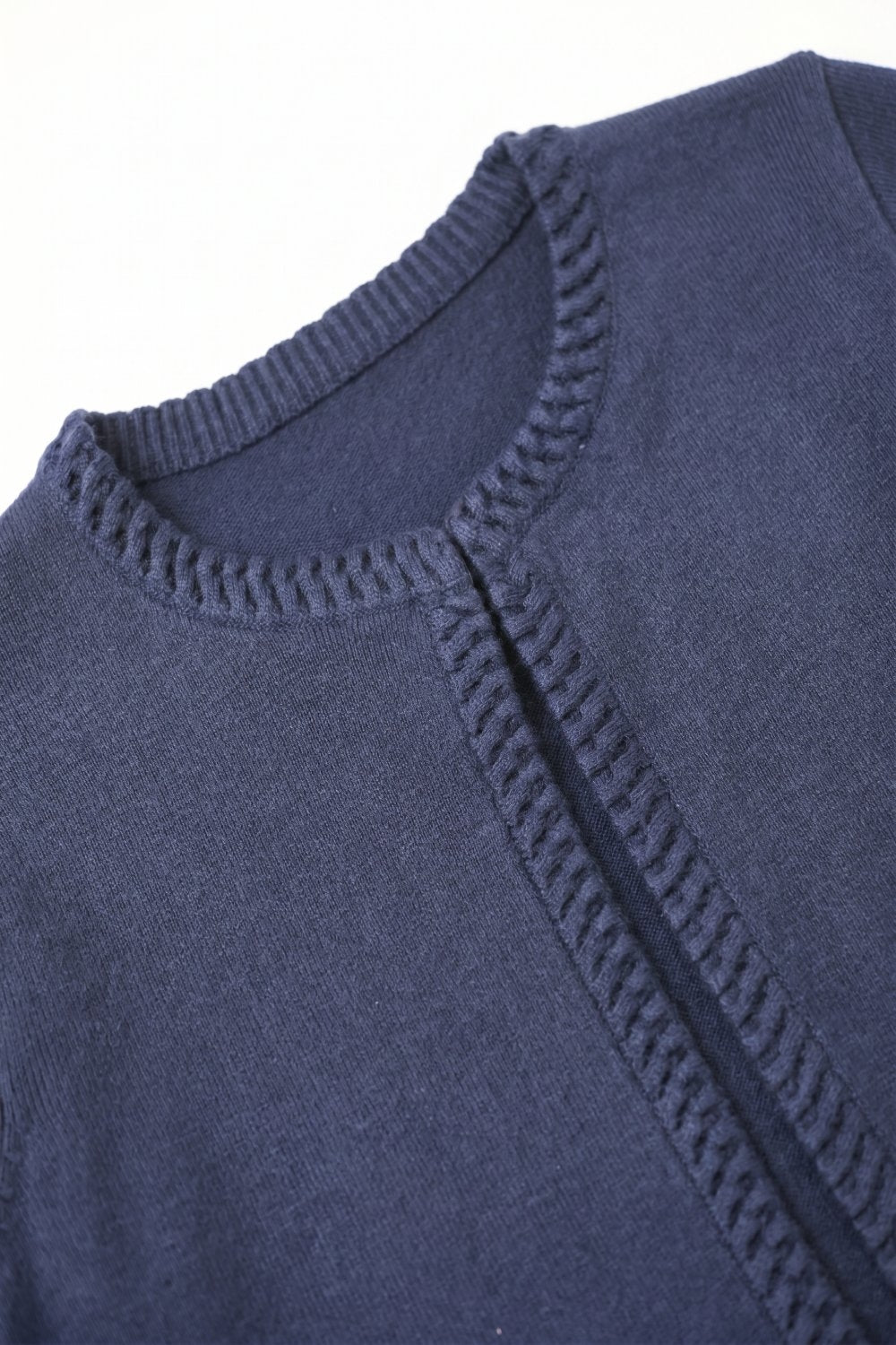 Navy Fine Knit Contrast Seam Cropped Open Front Cardigan - Cardigans