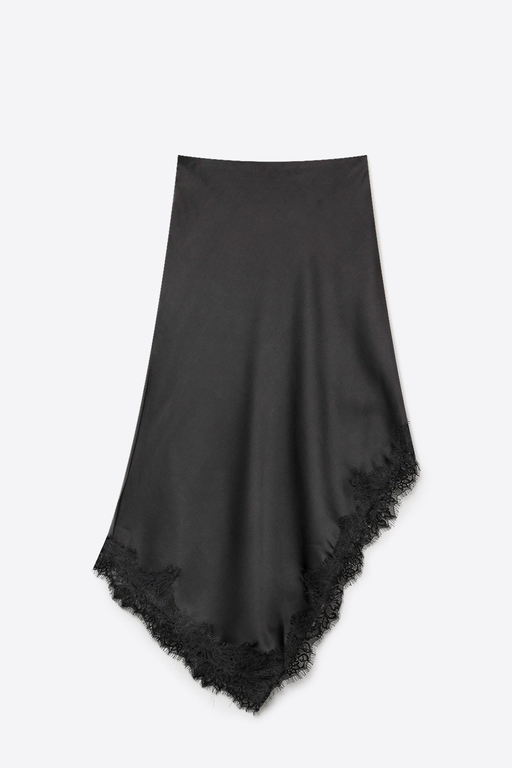 Black Satin Lace Trim Asymmetrical Midi Skirt