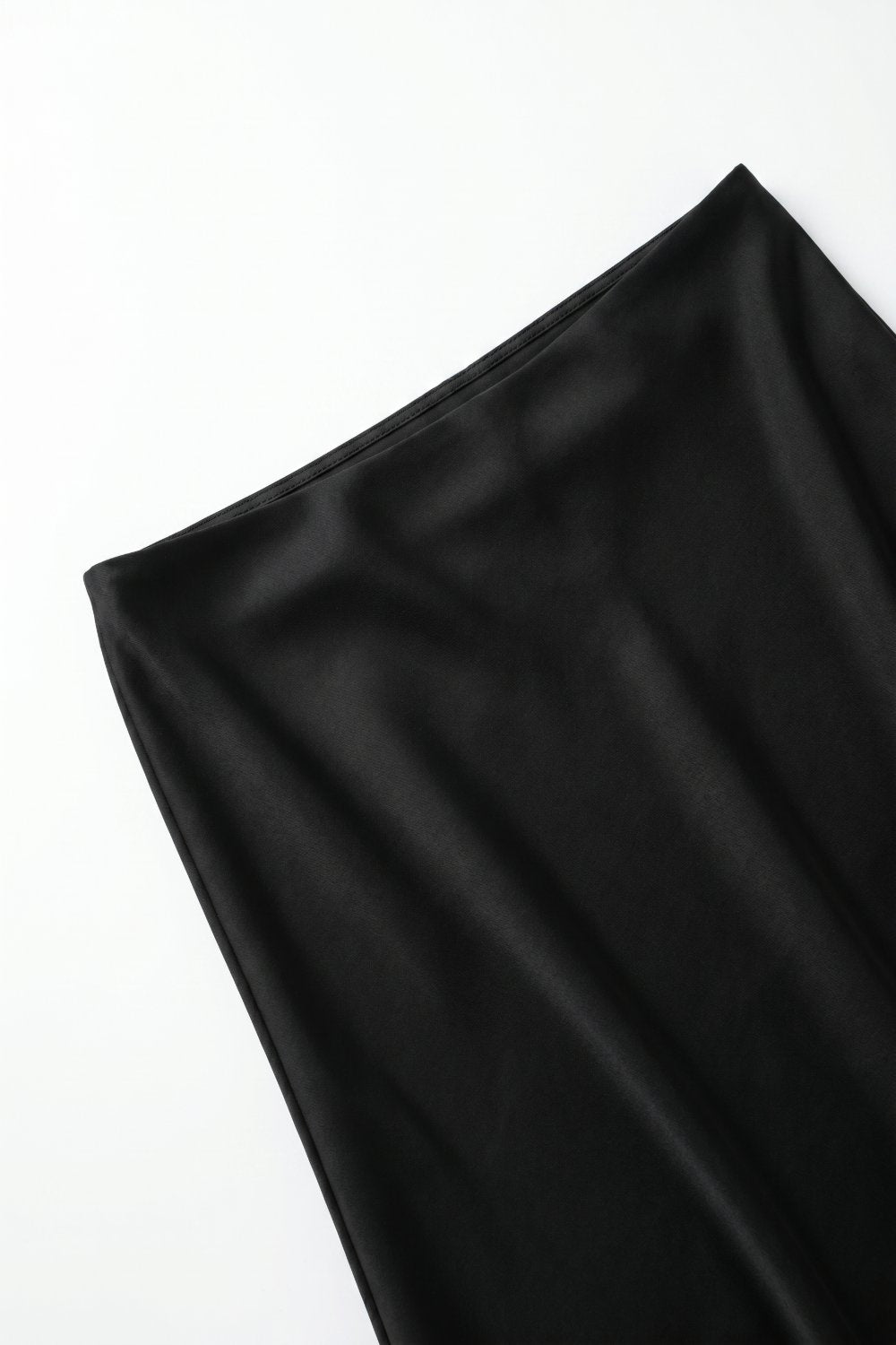 Black Satin Lace Trim Asymmetrical Midi Skirt