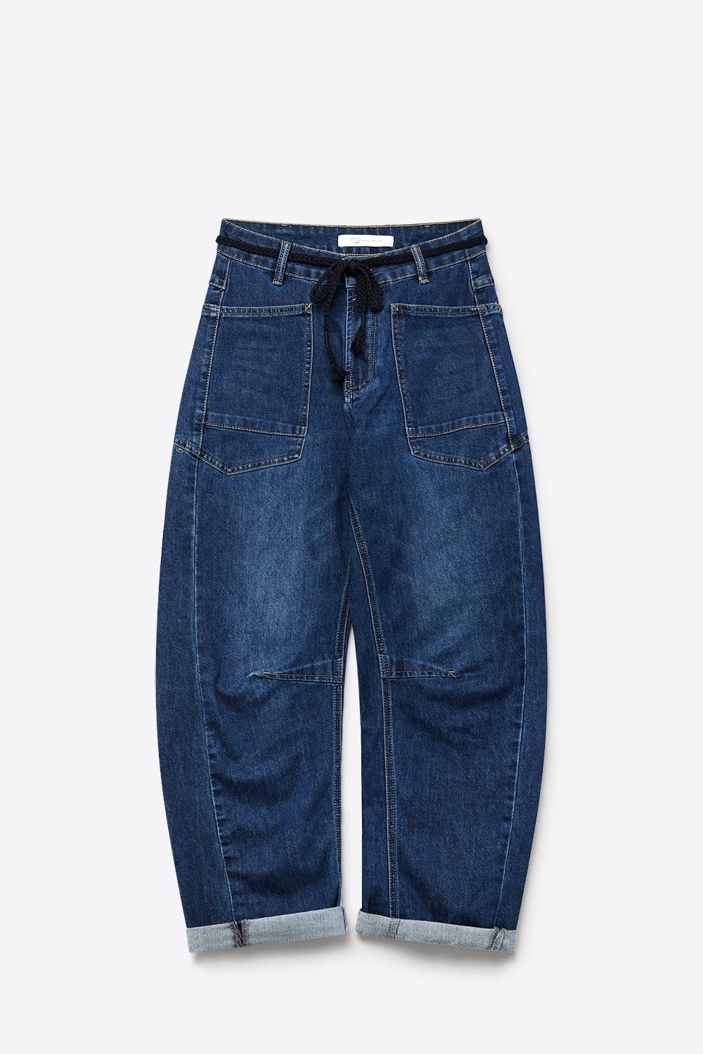 Dark wash Drawstring Waist jeans with Rolled Cuff and Wide Leg - Denim