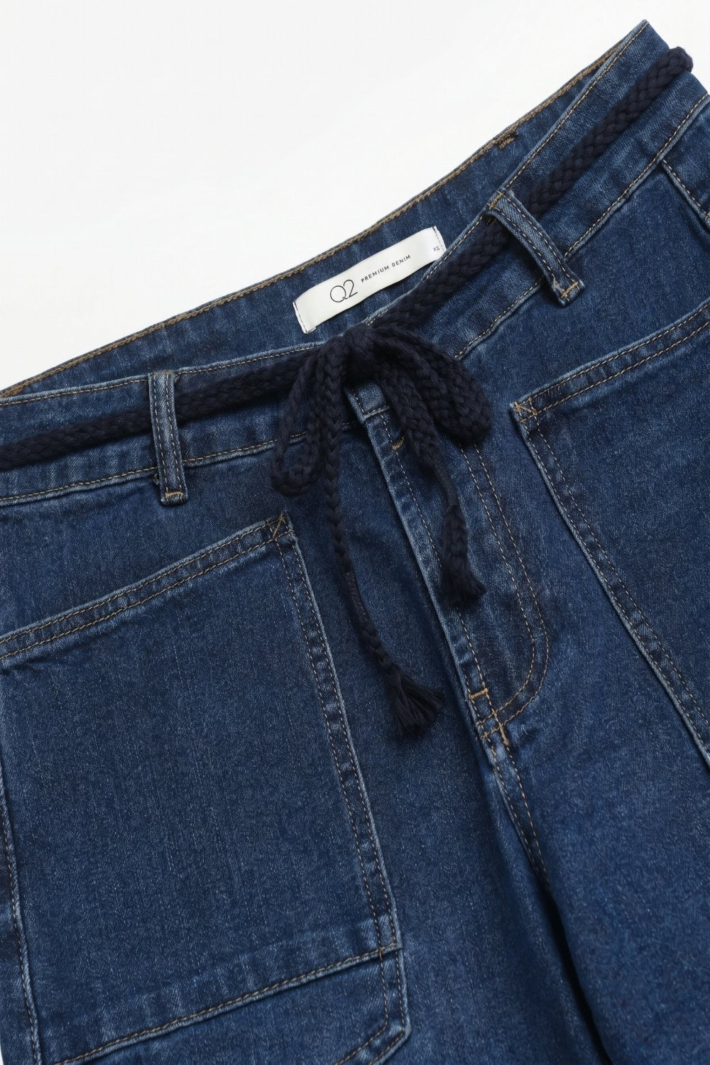 Dark wash Drawstring Waist jeans with Rolled Cuff and Wide Leg - Denim