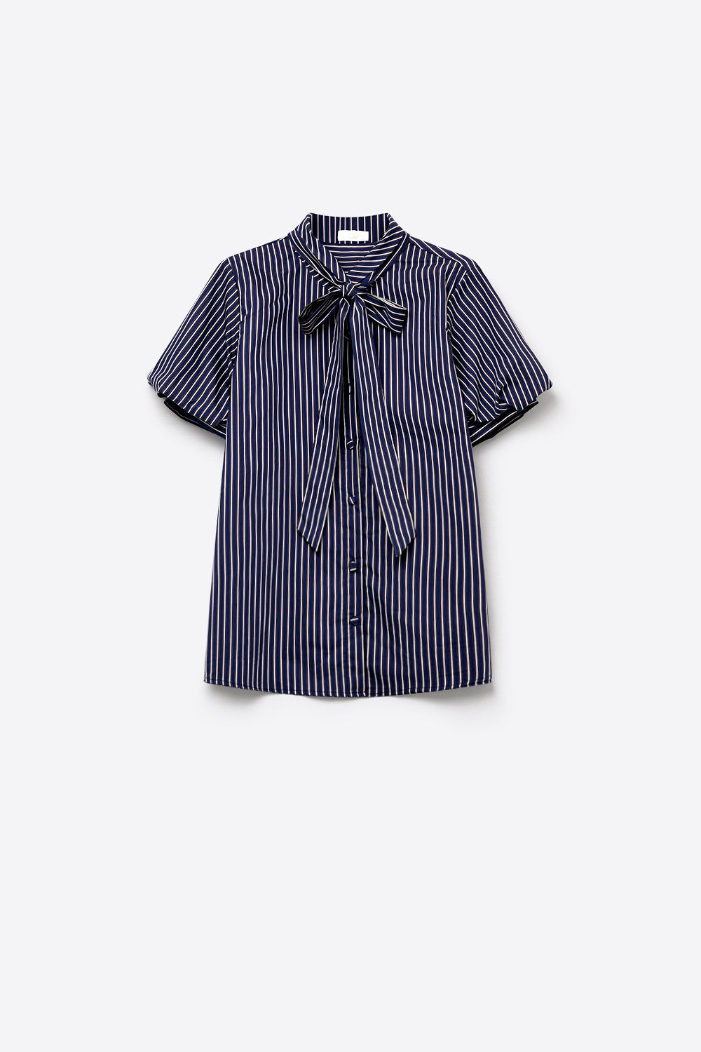 Navy Stripe Bow Tie Shirt with Short Sleeve in poplin - Shirts