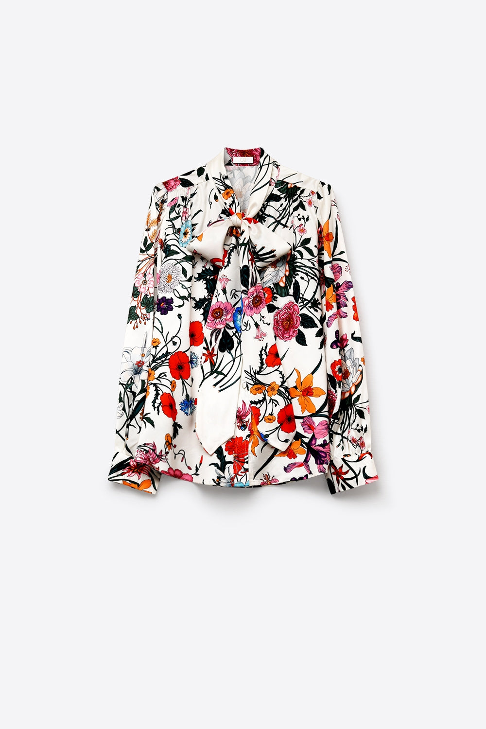 White Floral Print Satin Tie Neck Long Sleeve Blouse Top - Shirts