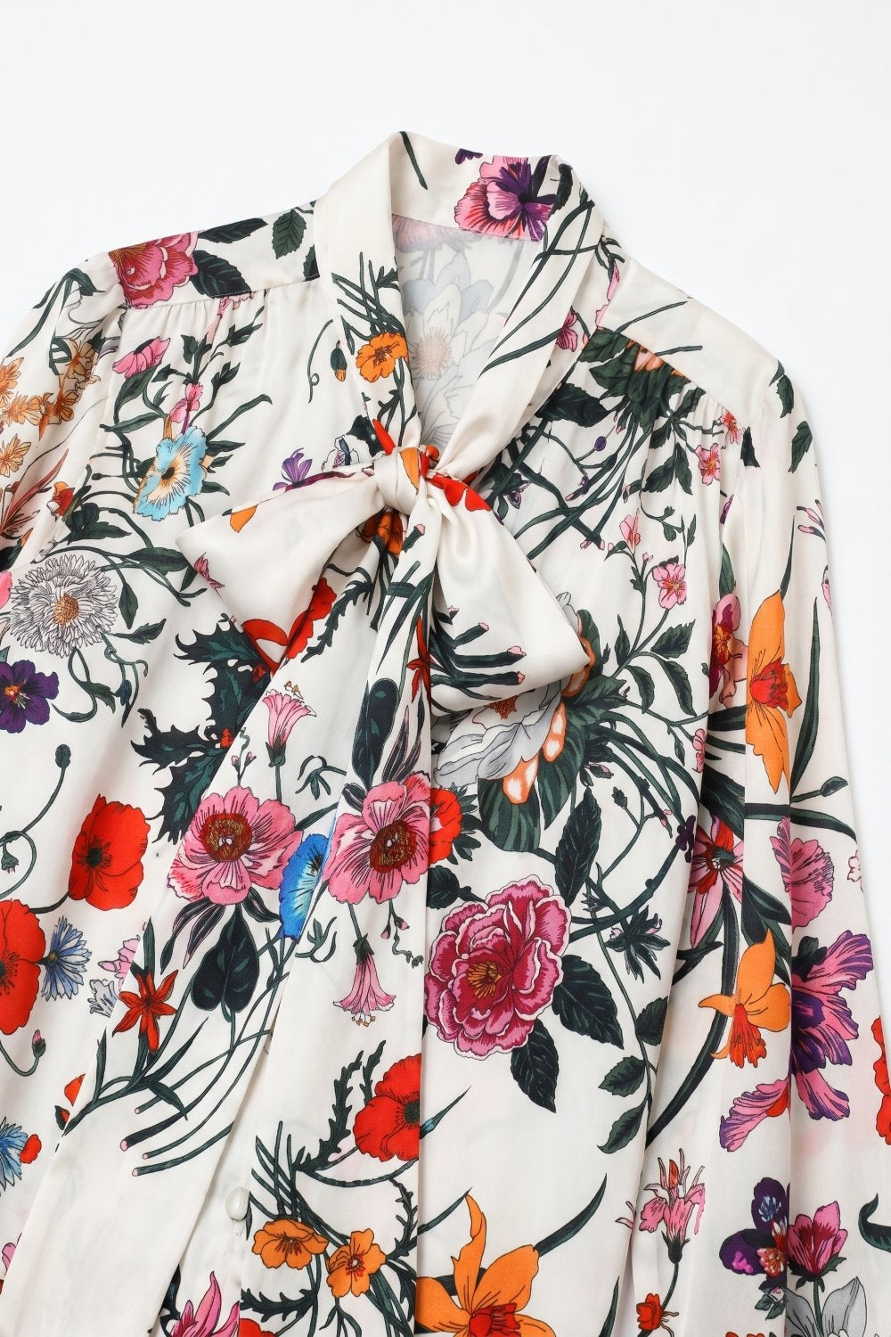 White Floral Print Satin Tie Neck Long Sleeve Blouse Top - Shirts