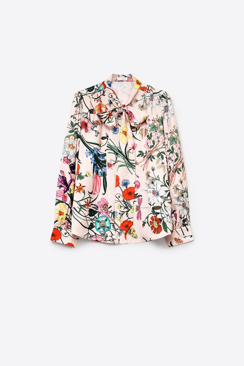 Light Pink Floral Print Satin Pussy Bow Long Sleeve Blouse - Shirts