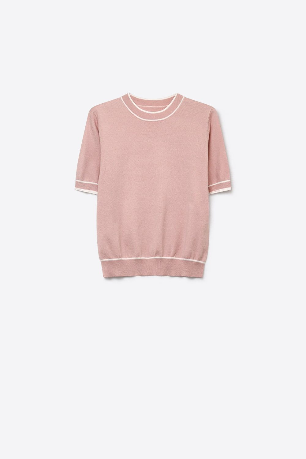 Light Pink Fine Knit Contrast Trim Crew Neck Short Sleeve sweater - Tops