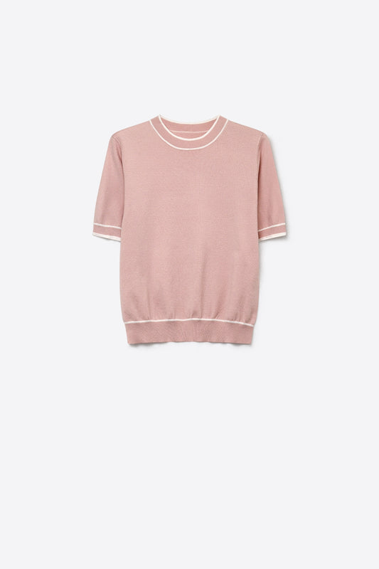 Light Pink Fine Knit Contrast Trim Crew Neck Short Sleeve sweater - Tops