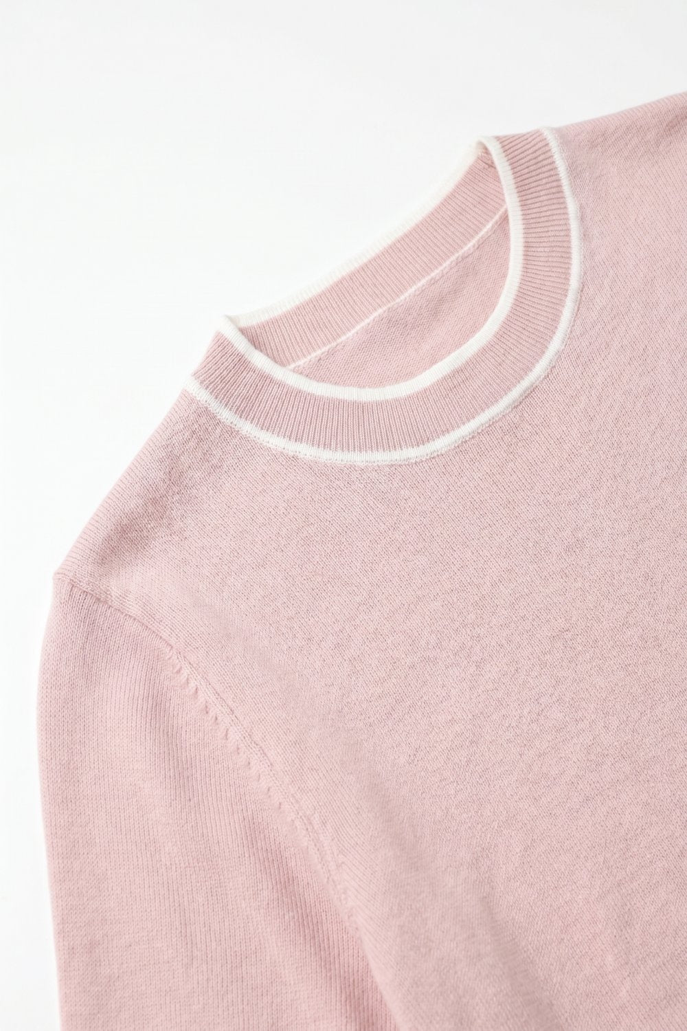 Light Pink Fine Knit Contrast Trim Crew Neck Short Sleeve sweater - Tops