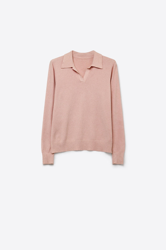 Knitted polo collar with V-neckline no button placket in old pink - Polos