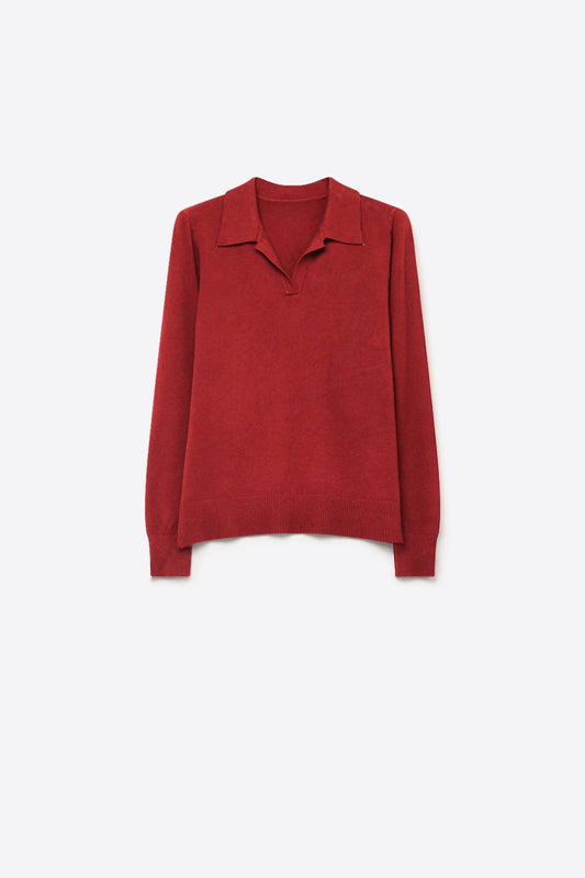 Burgundy Fine Knit Polo Collar Long Sleeve Regular Fit Sweater - Polos