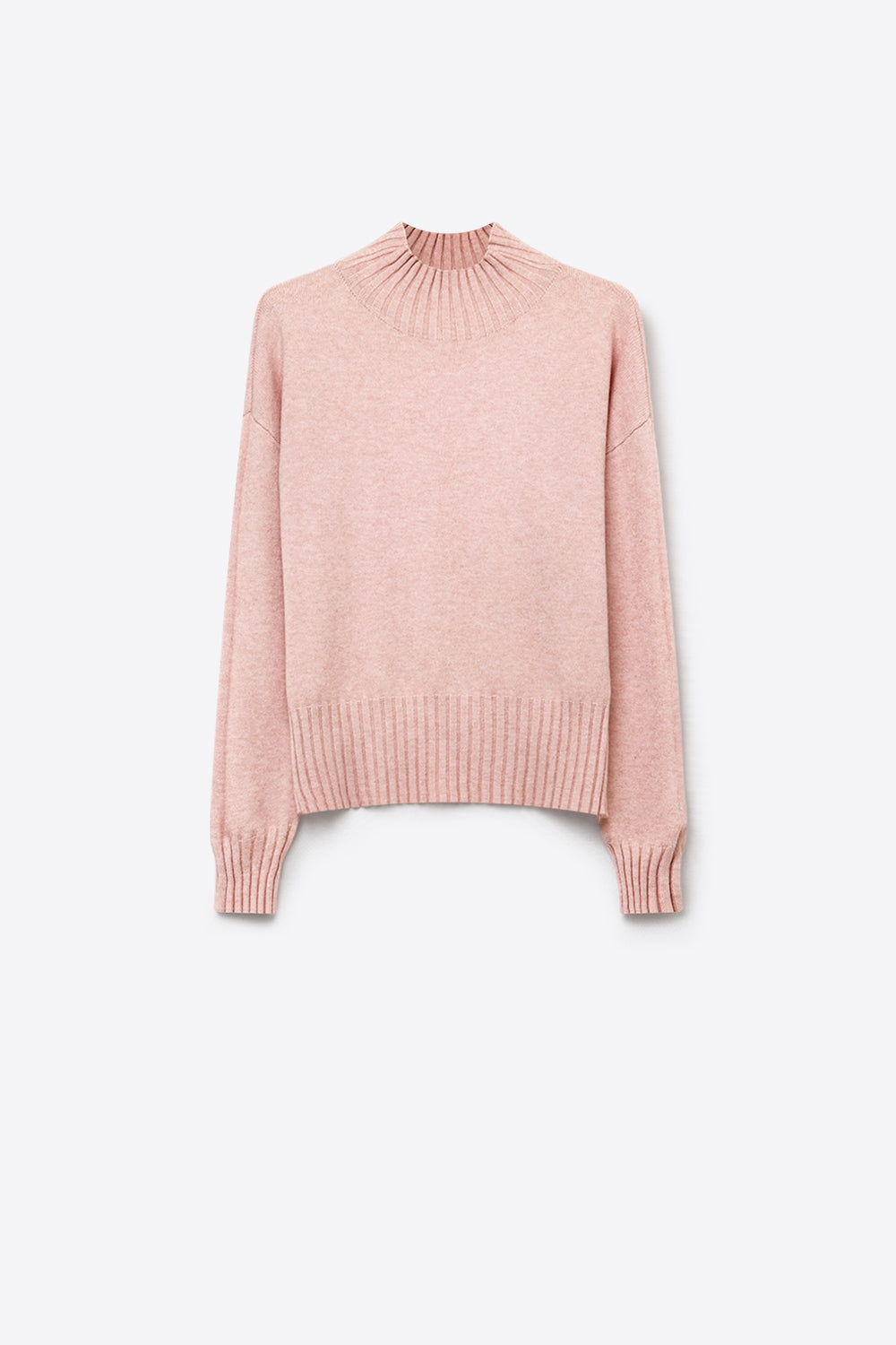 Pink warm Knit Ribbed Trim High Collar Relaxed Fit Sweater - Jumpers