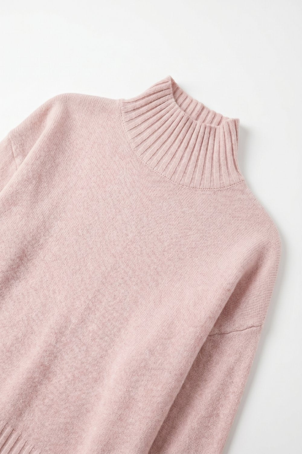 Pink warm Knit Ribbed Trim High Collar Relaxed Fit Sweater - Jumpers