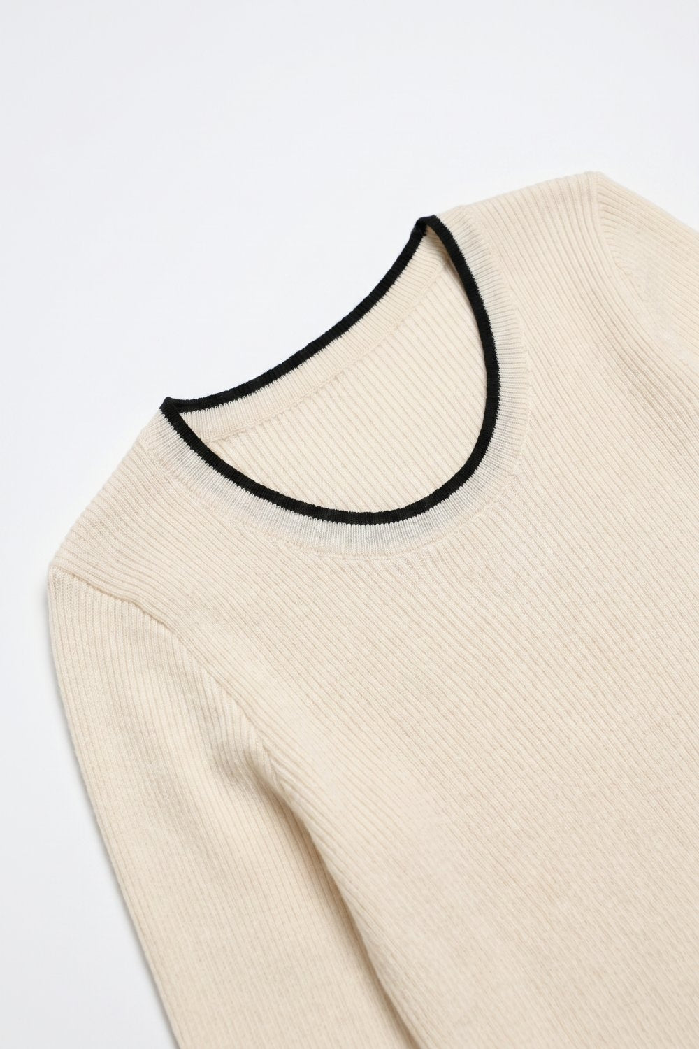 Cream Ribbed Knit Black Contrast Trim sweater in wide neck - Jumpers