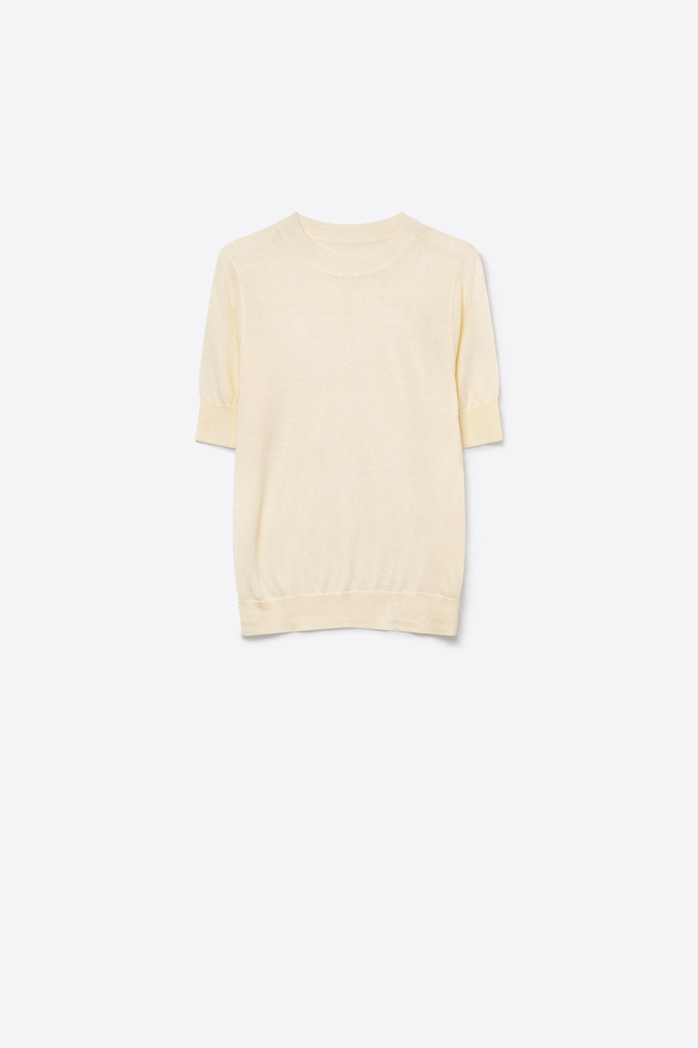 Cream Merino Wool Blend Fine Knit Ribbed Crew Neck Short Sleeve Sweater - Jumpers