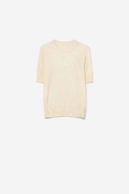 Cream Merino Wool Blend Fine Knit Ribbed Crew Neck Short Sleeve Sweater - Jumpers