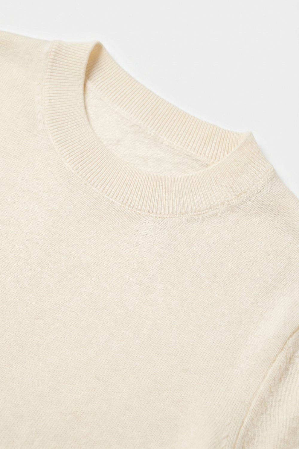 Cream Merino Wool Blend Fine Knit Ribbed Crew Neck Short Sleeve Sweater - Jumpers