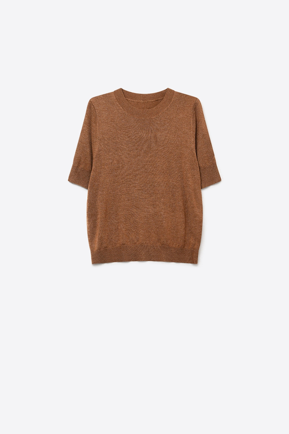 Camel Merino Wool Blend Fine Knit Crew Neck Short Sleeve Sweater - Jumpers