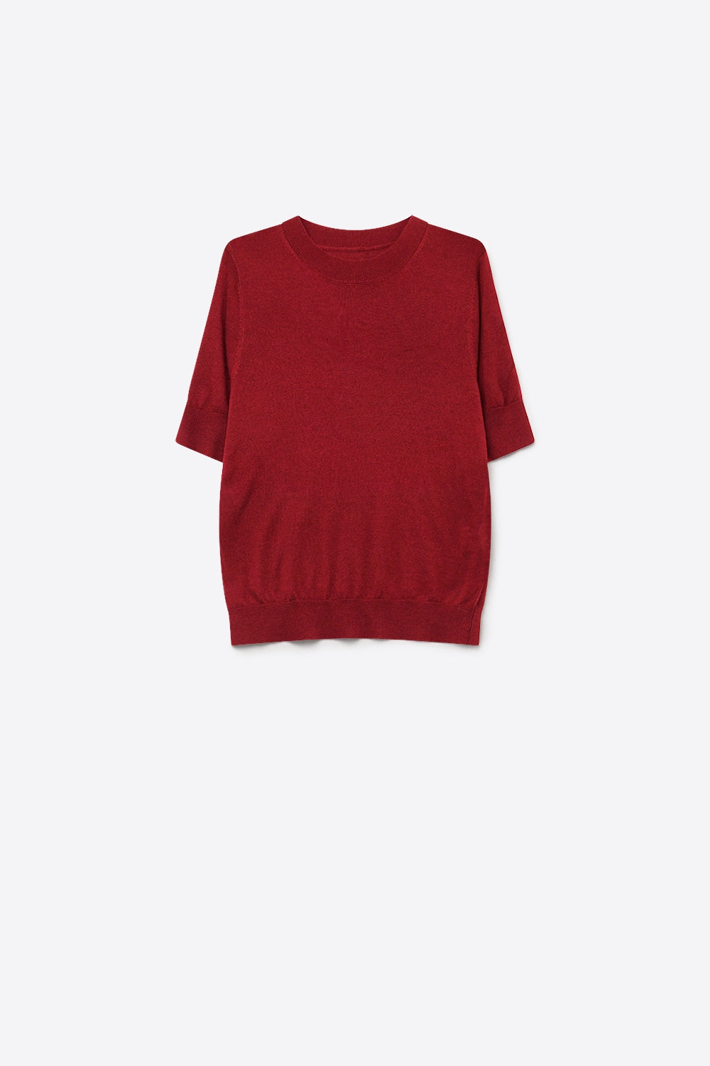 Wine Merino Wool Blend Fine Knit Ribbed Crew Neck Short Sleeves Sweater - Jumpers