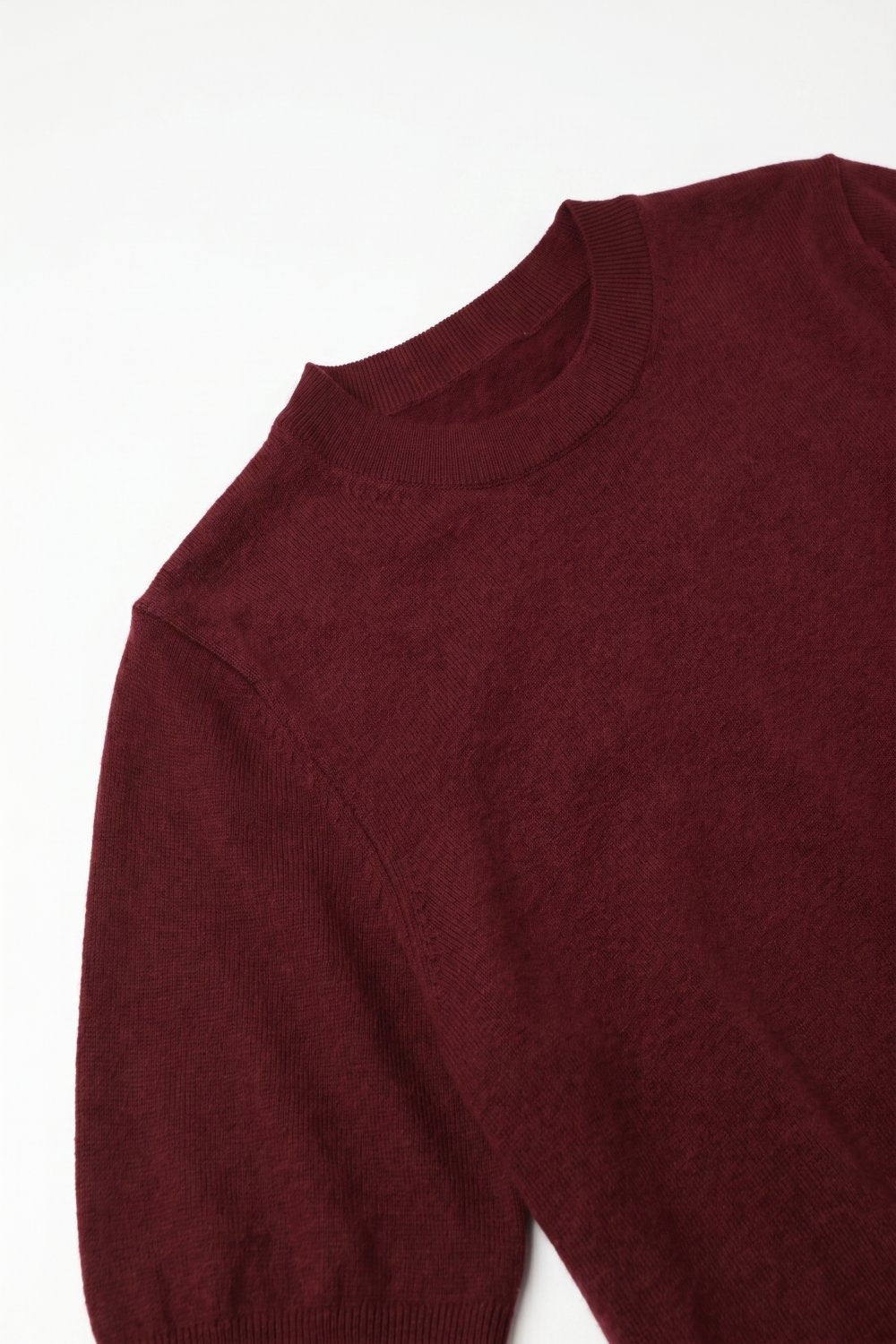 Wine Merino Wool Blend Fine Knit Ribbed Crew Neck Short Sleeves Sweater - Jumpers