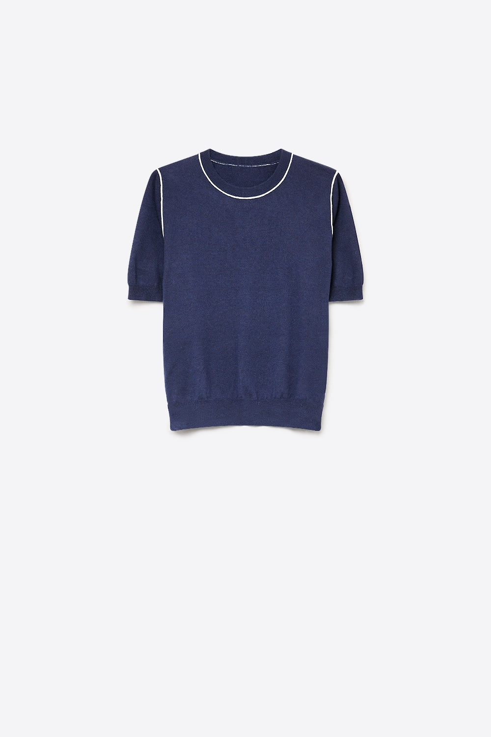 Navy Fine Knit Contrast Piping Short Sleeve Crew Neck sweater - Jumpers