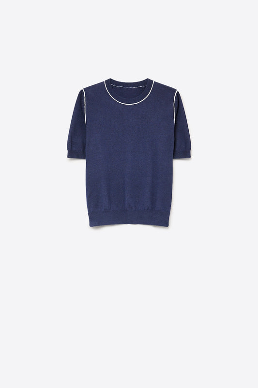 Navy Fine Knit Contrast Piping Short Sleeve Crew Neck sweater - Jumpers