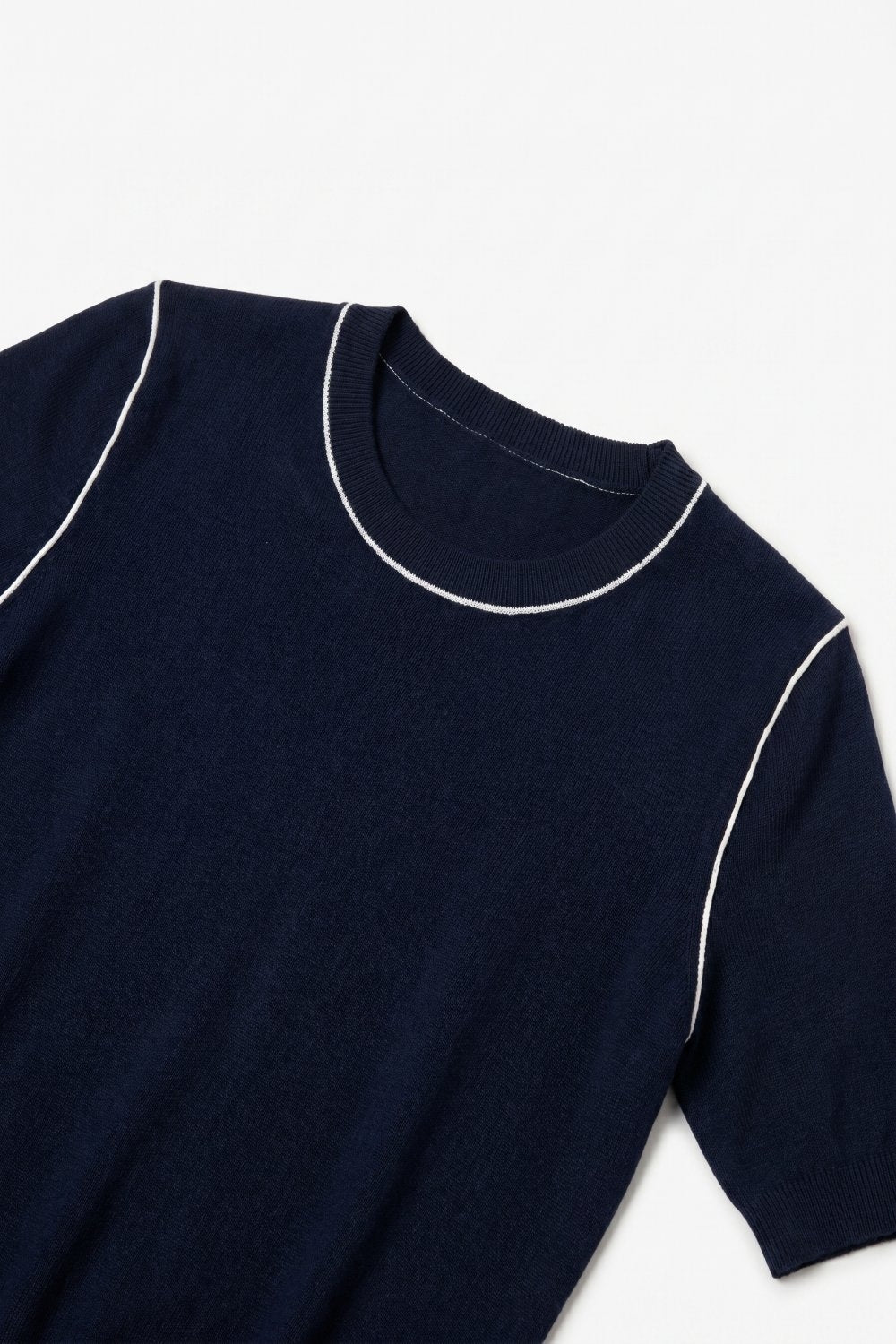 Navy Fine Knit Contrast Piping Short Sleeve Crew Neck sweater - Jumpers
