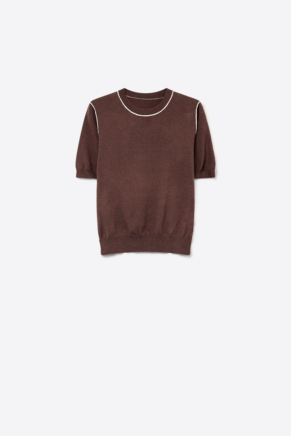 Brown Fine Knit Contrast Stitch Short Sleeve Crew Neck sweater - Jumpers
