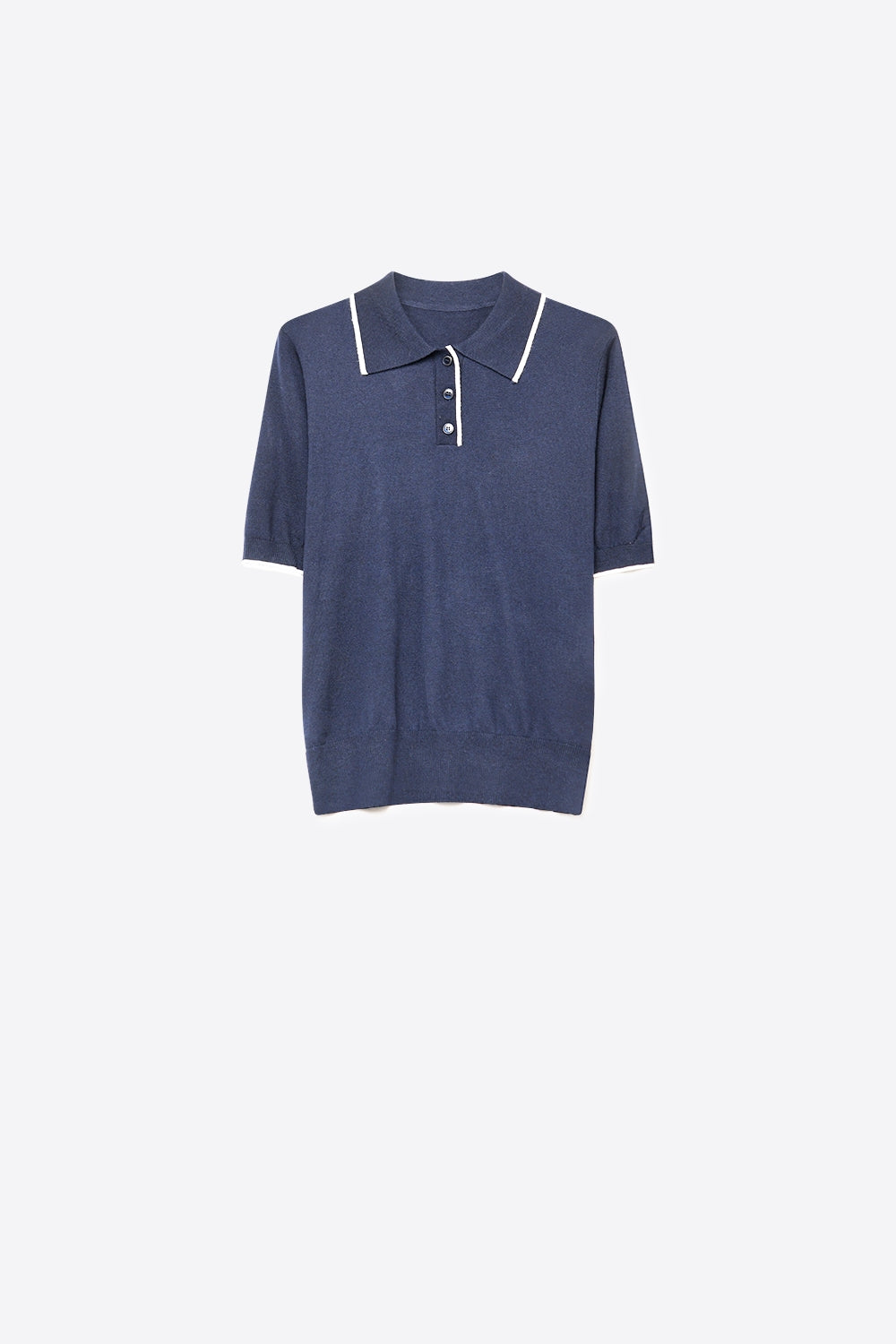 Navy Fine Knit Contrast Collar sweater with Polo neckline with Button - Polos