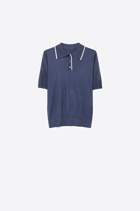 Navy Fine Knit Contrast Collar sweater with Polo neckline with Button - Polos