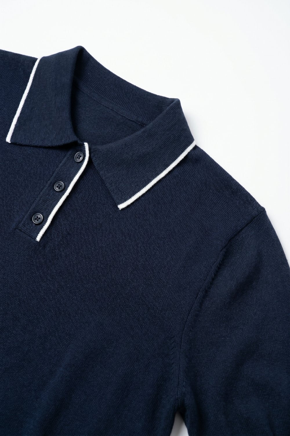 Navy Fine Knit Contrast Collar sweater with Polo neckline with Button - Polos