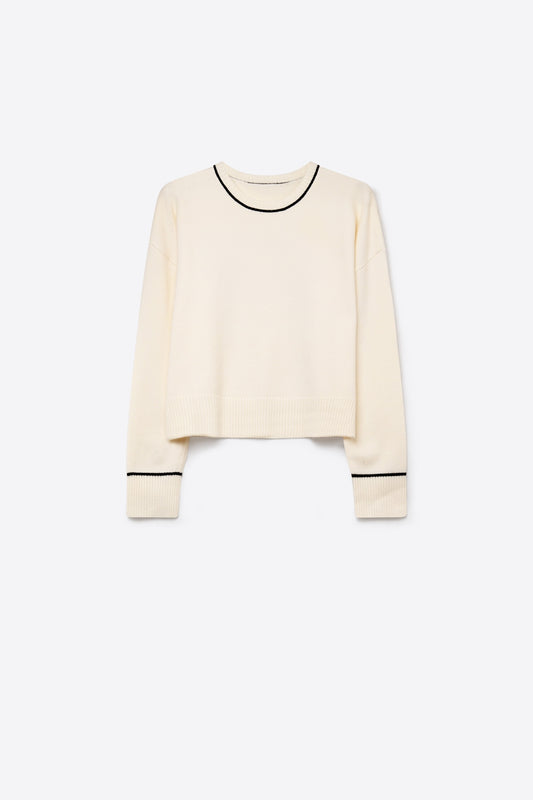 Cream chunky Knit Contrast Trim Cropped Crew Neck Sweater - Jumpers