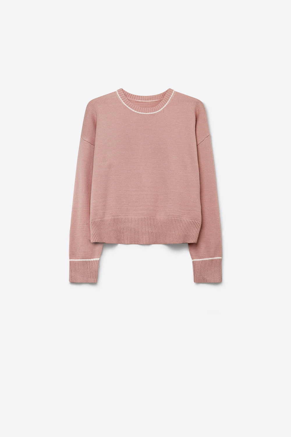 Pink chunky Knit White Trim Cropped Regular Fit Sweater Top - Jumpers