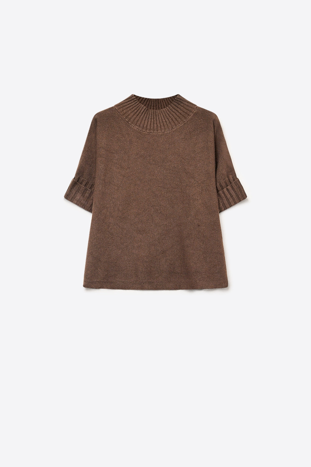 Brown chunky Ribbed Knit High Collar Sweater with elbow-length sleeve - Jumpers