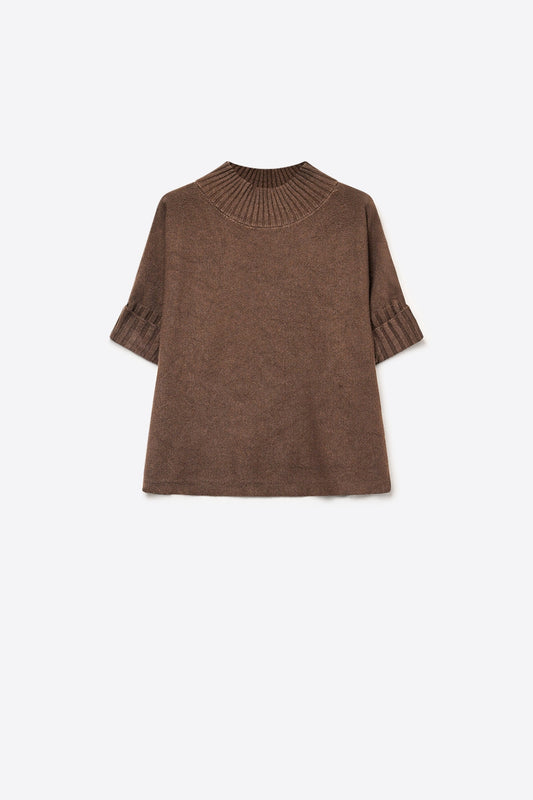 Brown chunky Ribbed Knit High Collar Sweater with elbow-length sleeve - Jumpers
