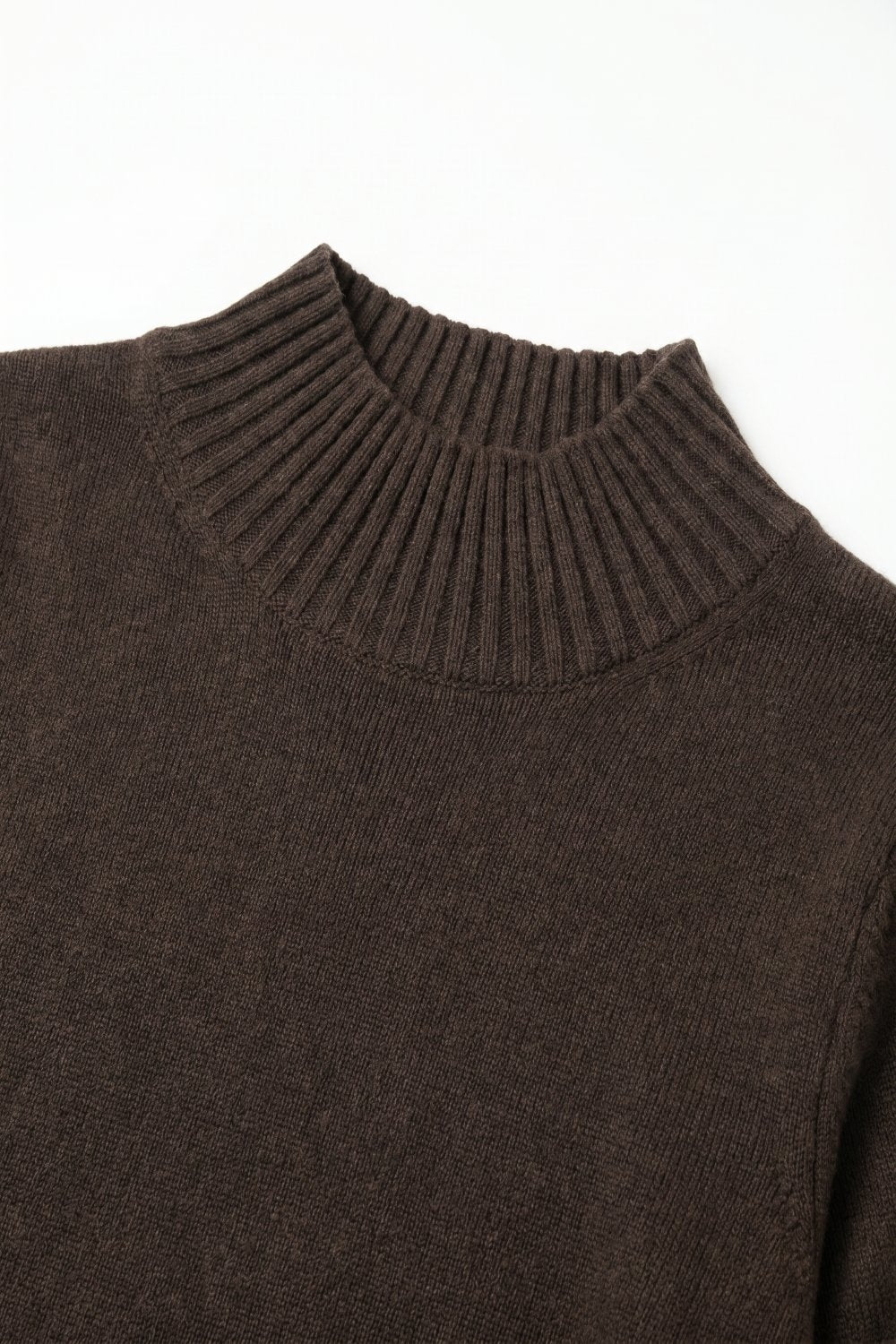 Brown chunky Ribbed Knit High Collar Sweater with elbow-length sleeve - Jumpers