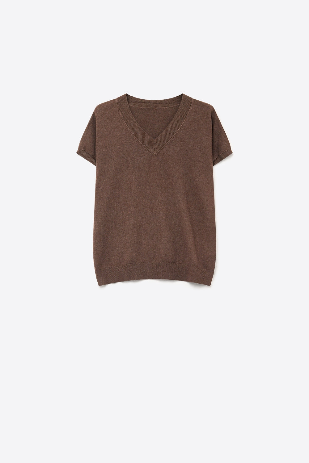 Brown Fine-Knit V-Neck Sweater with Short Dolman Drop-Shoulder Sleeves - Tops